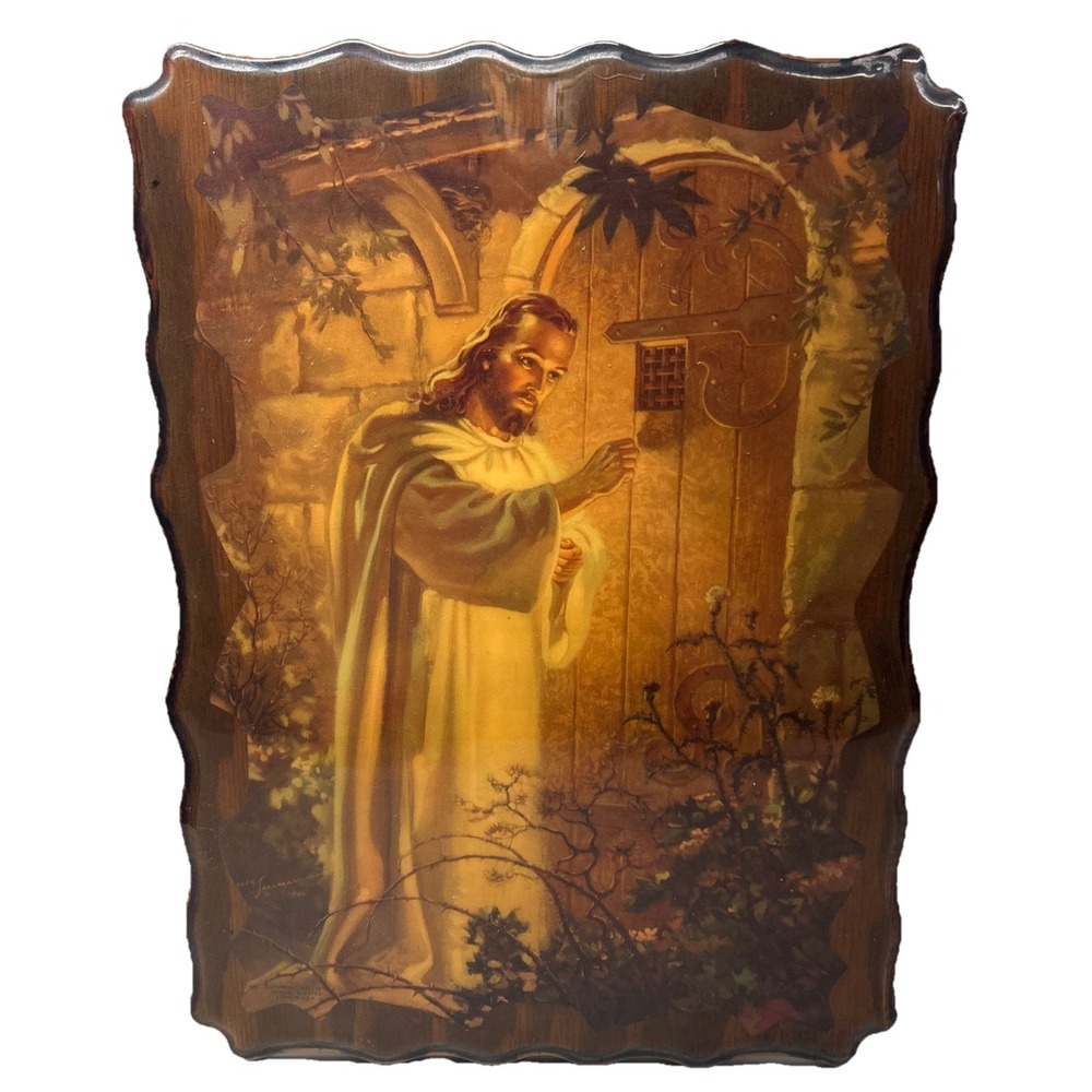Vintage 1944‎ Signed MCM Jesus Knocking Door Wall Plaque Religious Art Litho USA